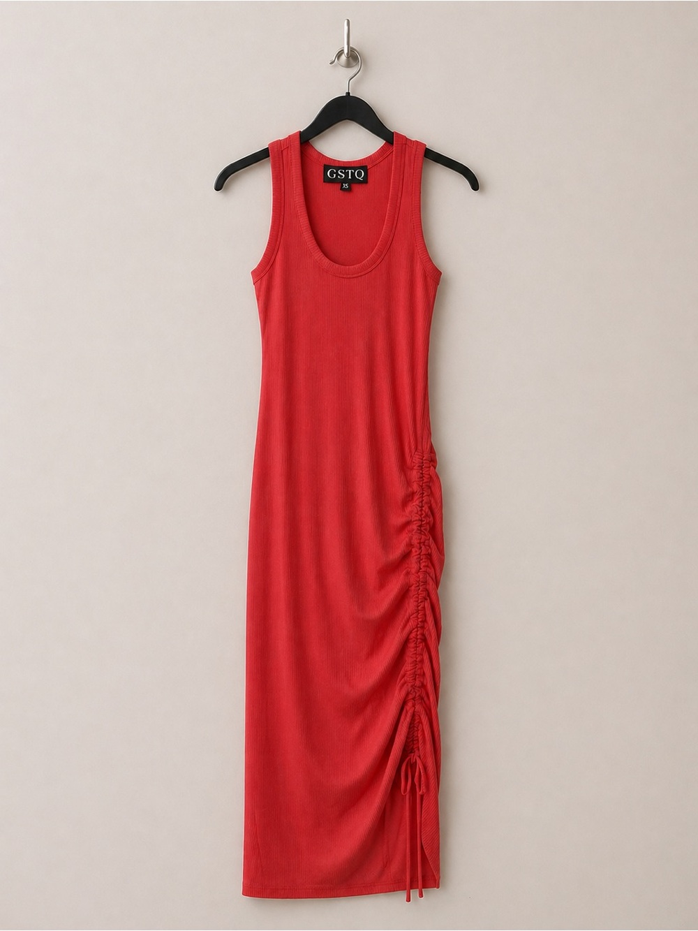 GSTQ Ribbed Maxi Dress XS Coral Ruched Drawstring Bodycon NWT